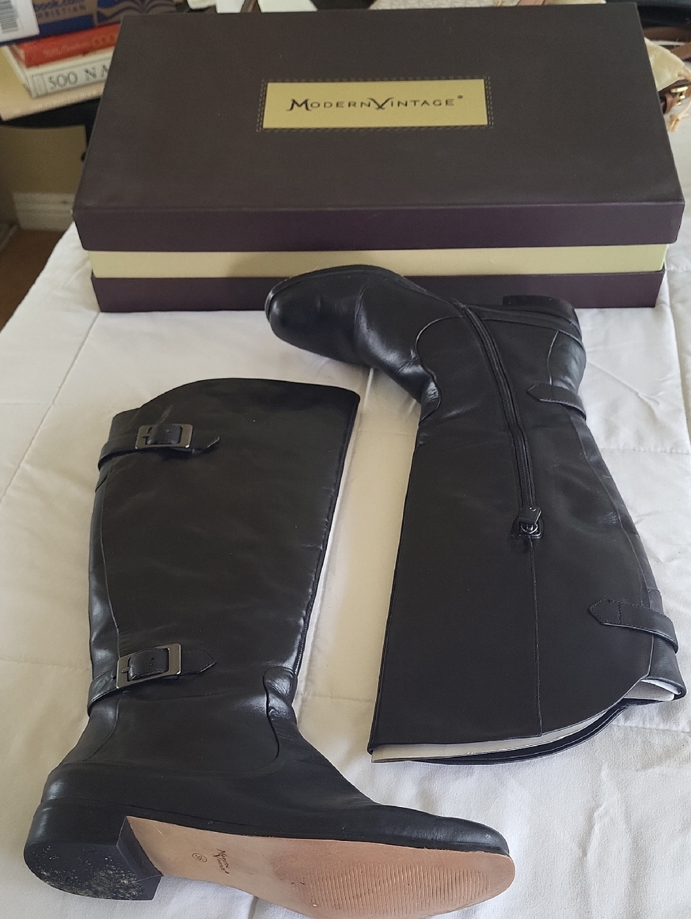 Modern Vintage Black Leather Knee-High Boots with Buckles